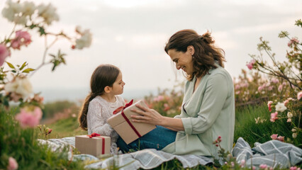 Naklejka premium A serene Mother’s Day moment in a garden with a mother and child, featuring blooming flowers, a gift box, and a handmade card, evoking a peaceful and loving atmosphere in celebration of the bond betwe
