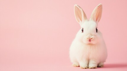 Obraz premium Photo of a little bunny, on a soft pink background Easter theme