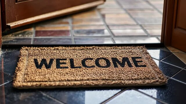 Welcome mat at an inviting entrance with cozy interior design details