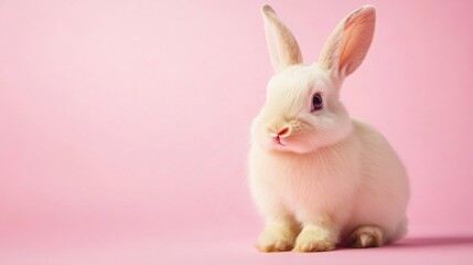 Obraz premium Photo of a little bunny, on a soft pink background Easter theme