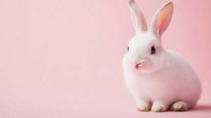 Fototapeta premium Photo of a little bunny, on a soft pink background Easter theme