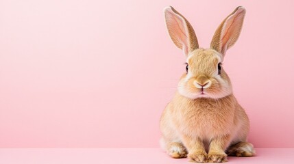 Obraz premium Photo of a little bunny, on a soft pink background Easter theme