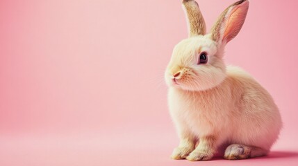 Obraz premium Photo of a little bunny, on a soft pink background Easter theme