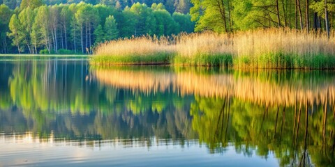 Serene water reflection, calm reeds sway gently in the breeze, forest canopy overhead, peaceful atmosphere, calm