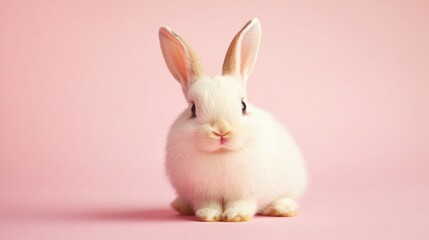 Obraz premium Photo of a little bunny, on a soft pink background Easter theme