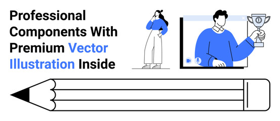 Pencil, confident character in casual outfit, professional holding a trophy. Ideal for creativity, achievement recognition, design, professional work, education, motivation modern branding flat