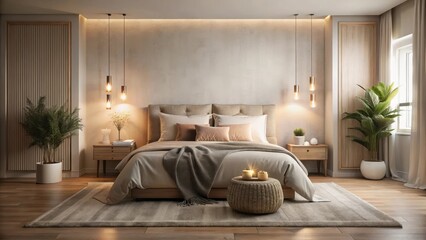 Softly illuminated bedroom with plush bedding in calming neutral tones, featuring a serene ambiance and natural textures, neutral tones, cozy bedroom