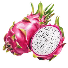 Watercolor illustration of whole and sliced dragon fruit with vibrant pink skin and white flesh with black seeds