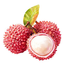 Watercolor illustration of fresh lychee fruits with leave