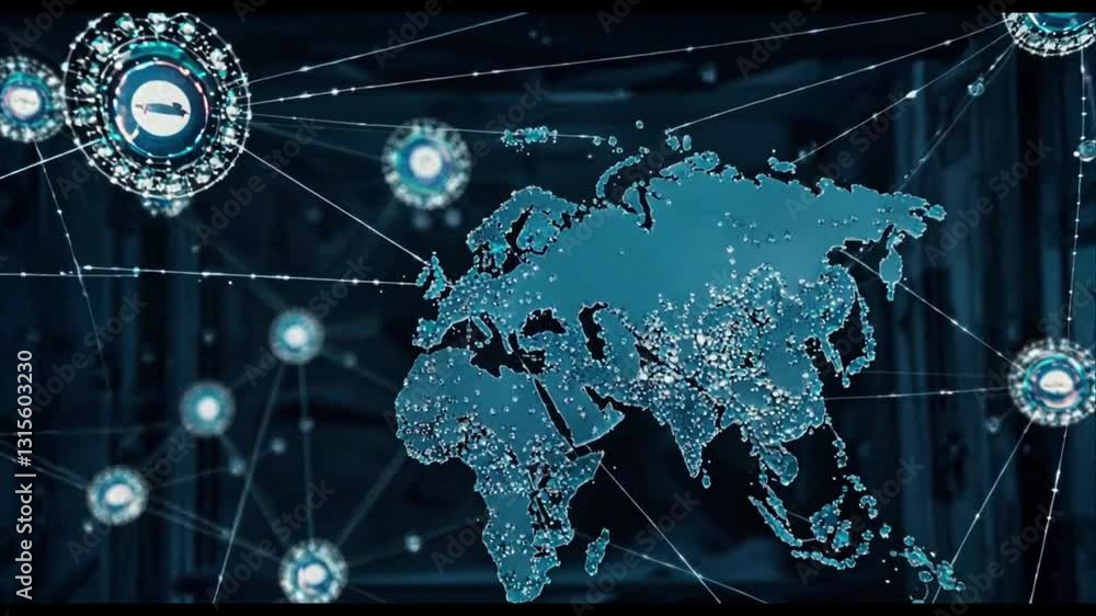Poster global network connecting world continents with technology nodes motion graphics