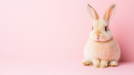 Obraz premium Photo of a little bunny, on a soft pink background Easter theme