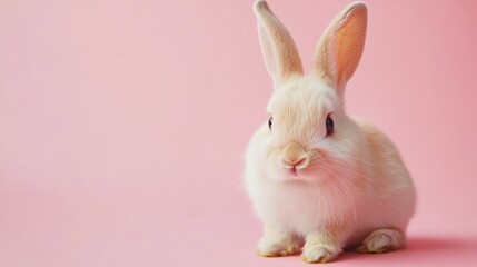 Obraz premium Photo of a little bunny, on a soft pink background Easter theme