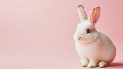 Obraz premium Photo of a little bunny, on a soft pink background Easter theme