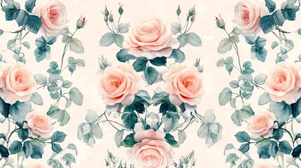 Beautiful Floral Pattern Featuring Delicate Pink Roses and Lush Green Leaves in an Elegant Design