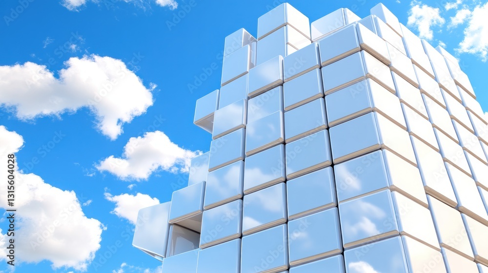 Poster cubes forming a building against a blue sky and clouds. can be used for business and progress concep
