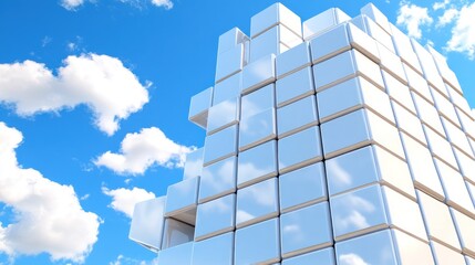 Cubes forming a building against a blue sky and clouds. Can be used for business and progress concepts