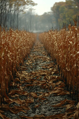 Dried corn stalks path in autumn forest