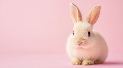 Obraz premium Photo of a little bunny, on a soft pink background Easter theme