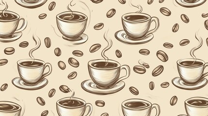 Obraz premium Cozy and Inviting Coffee Pattern With Cups and Beans on a Warm Background