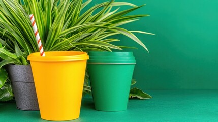 Cups of beverage near a plant displayed to promote drinking habits
