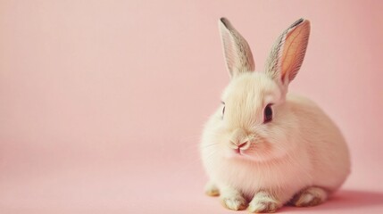 Obraz premium Photo of a little bunny, on a soft pink background Easter theme