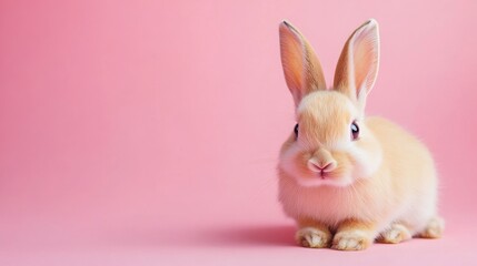 Obraz premium Photo of a little bunny, on a soft pink background Easter theme