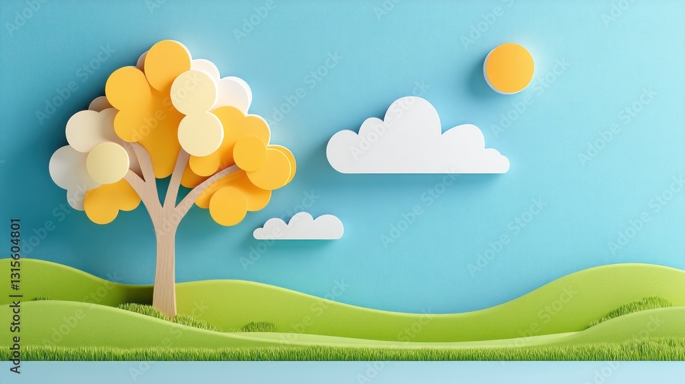 Poster cute 3d rendering of a tree with clouds and sun on a green field with a blue sky, idyllic background