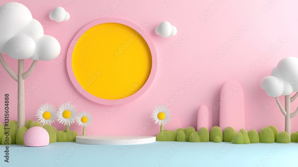 Poster cute background display with daisys and tree for product presentation