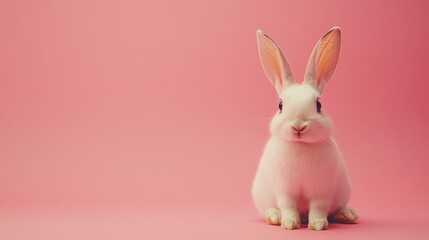 Obraz premium Photo of a little bunny, on a soft pink background Easter theme
