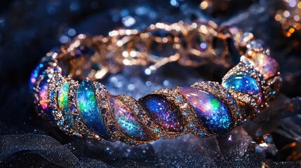 Exquisite galaxy-themed bracelet adorned with shimmering gemstones and intricate metalwork on a dark, sparkling background