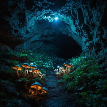 Cave of Glowing Mushrooms &ndash; A mysterious underground cave where bioluminescent mushrooms and plants cast a soft, eerie glow. A narrow pathway leads deeper into the cavern, revealing hidden wonders unt
