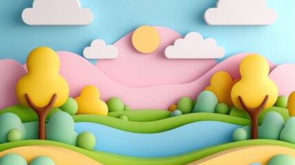 Cute cartoon nature illustration with trees, river, hills, sky, sun and clouds for children's book
