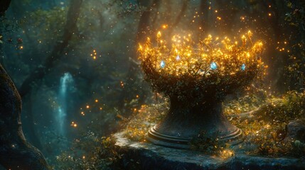 Enchanted forest scene with a glowing ornate crown surrounded by shimmering lights and a tranquil waterfall in the background