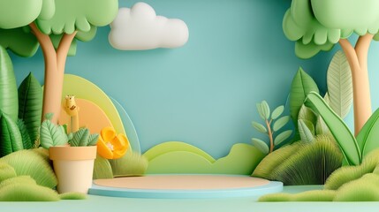 Cute giraffe in nature scene with stand for kids product. Display in garden