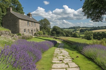 Lavender lined path leading to a tranquil stone house nestled in a lush green countryside setting
