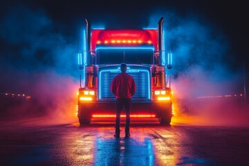Trucker stands in awe before illuminated semi-truck at night in vibrant colors under foggy sky