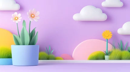 Selbstklebende Fototapeten Cute spring flowers in a pot with clouds and grass on a purple background for kids © hamzahalderad