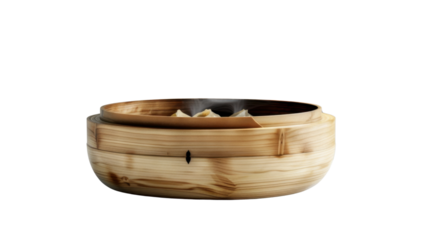 Steaming hot dumplings in a traditional wooden steamer basket with transparent background