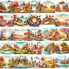 Watercolor fall landscapes. AI generated illustration