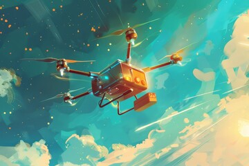 A cartoonish illustration of a food delivery drone flying through a sky filled with pastel clouds, A whimsical illustration of a food delivery drone soaring through the sky with a package in tow