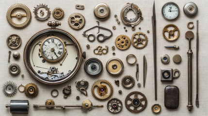 A stunning flat-lay composition of classic watchmaking tools, featuring an array of precision gears, an open mechanical pocket watch