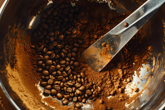 A bowl of coffee beans with a spoon in it