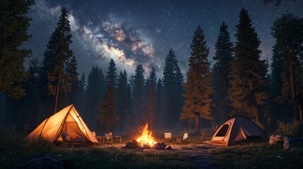 48.A serene outdoor setup in a forest clearing, showing glowing tents, a well-built firepit with embers glowing, and the Milky Way visible above towering pine trees.