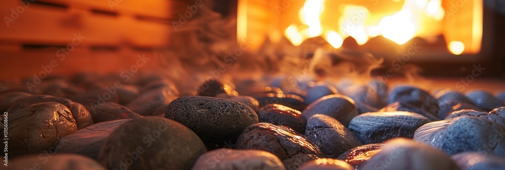 Poster close up view of glowing stones in a traditional sauna creating a warm and inviting atmosphere with 