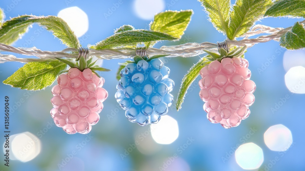 Poster decorative raspberry lights on string against a blue, bokeh-lit background. for creative projects