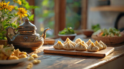 Fototapeta premium Authentic Indian Modaks Stuffed with Sweet Coconut and Jaggery, Placed on a Brass Plate with Chutney