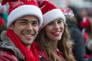 Fototapeta premium A smiling couple wearing Santa hats pose for a photo during the holiday season, People in holiday attire smiling for the camera