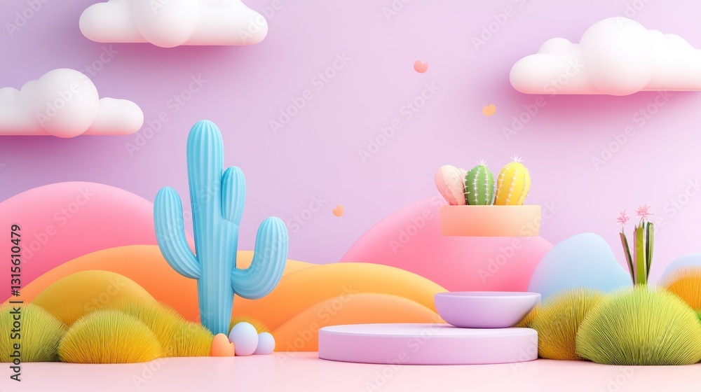 Poster desert showcase with cactus and clouds in a pastel 3d rendering for product presentation