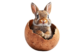 Adorable bunny hidden in Easter egg isolated on transparent background