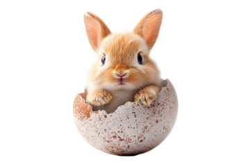 Adorable bunny hidden in Easter egg isolated on transparent background